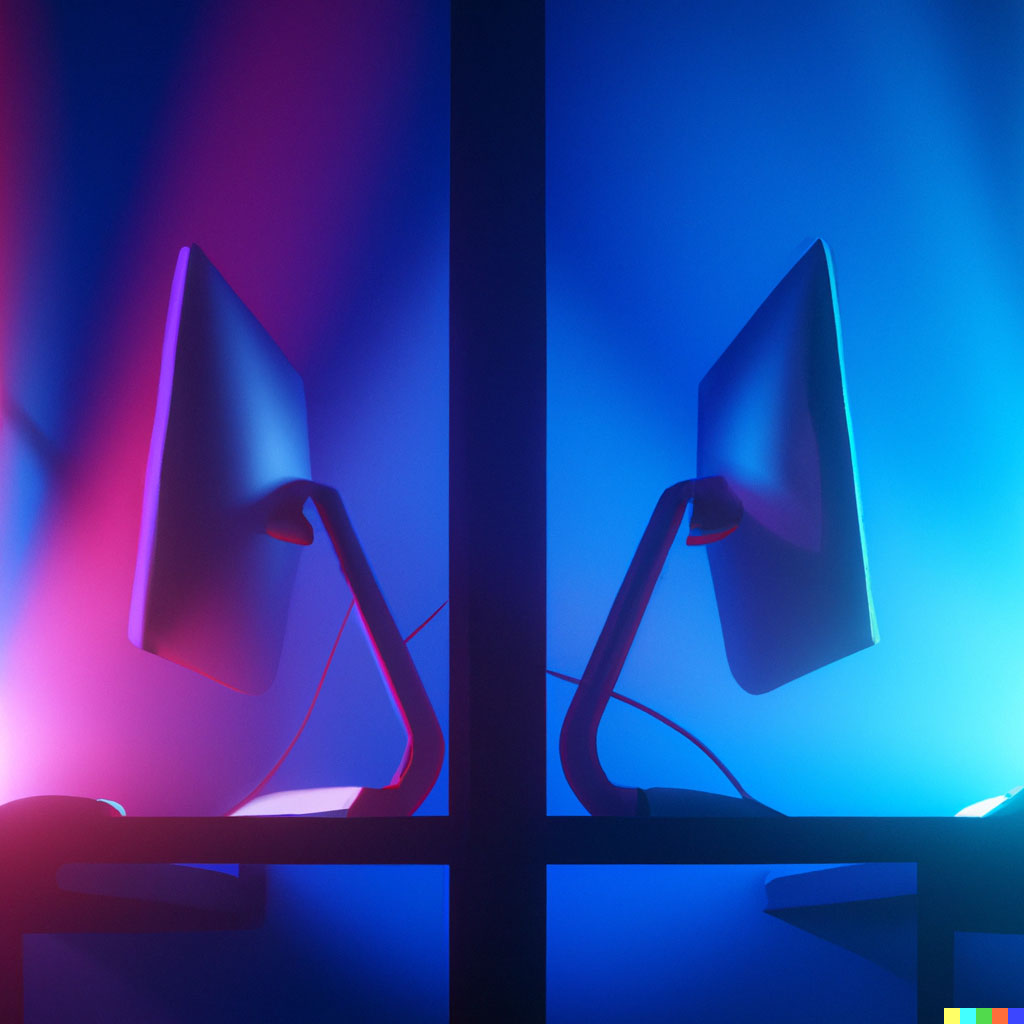 DALL·E prompt: colorful beam of light connecting two computer monitors in blue room, digital art